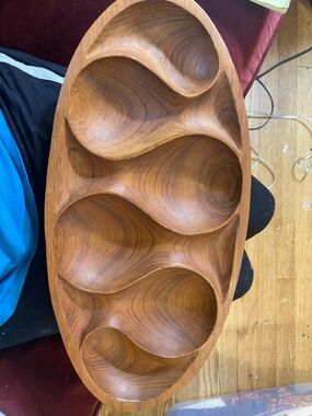 Teak Carved Wooden Divided Serving Tray - Organic Wave Bowls MCM